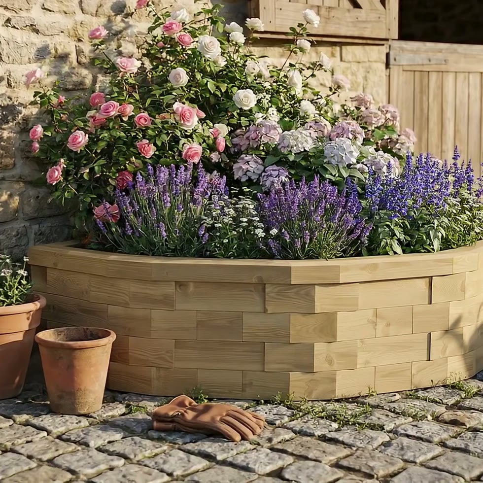 Grande jardinière bois surélevée demi-cercle / 232,5 x 132 x 45 cm