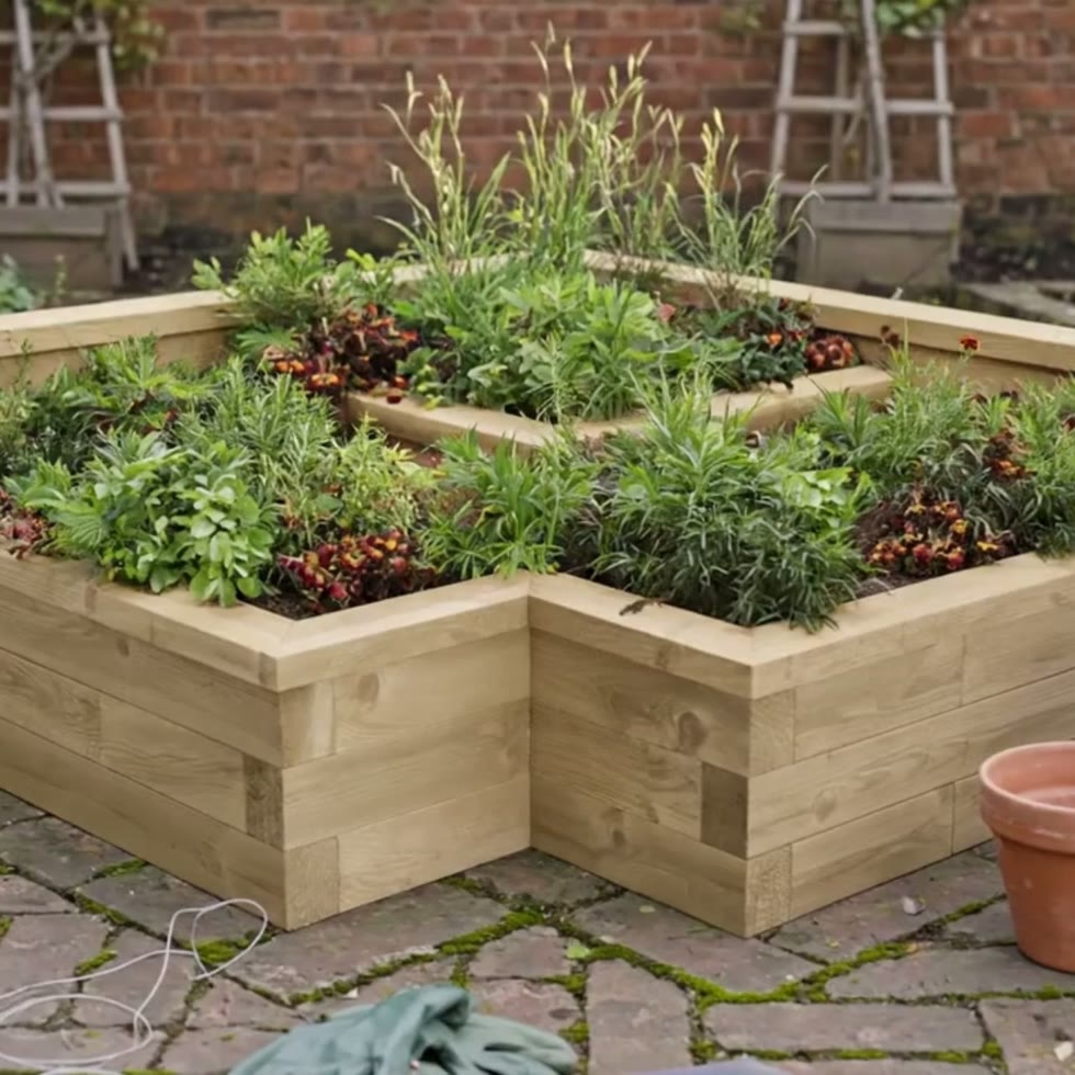 Grande jardinière bois d'angle multiniveaux  / 150 x 150 x 55 cm