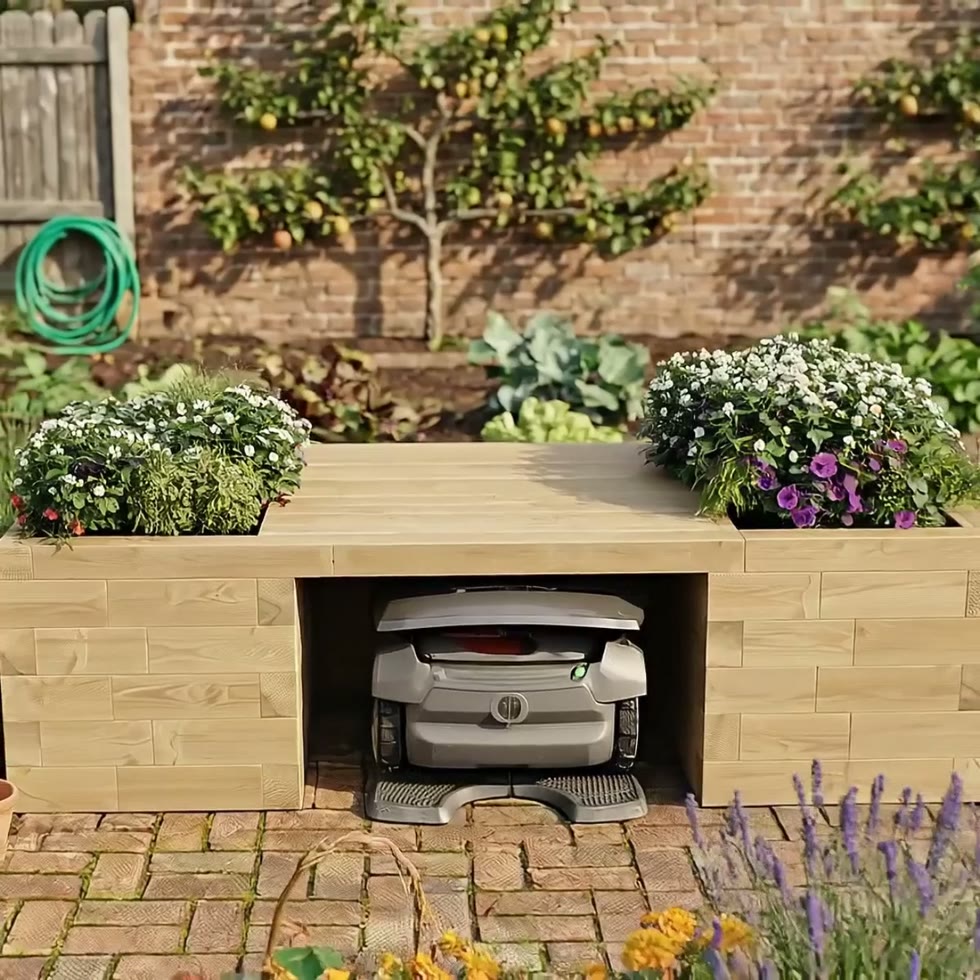 Garage pour robot tondeuse avec banc et jardinière / 2,025 m x 0,9 m x 0,55 m