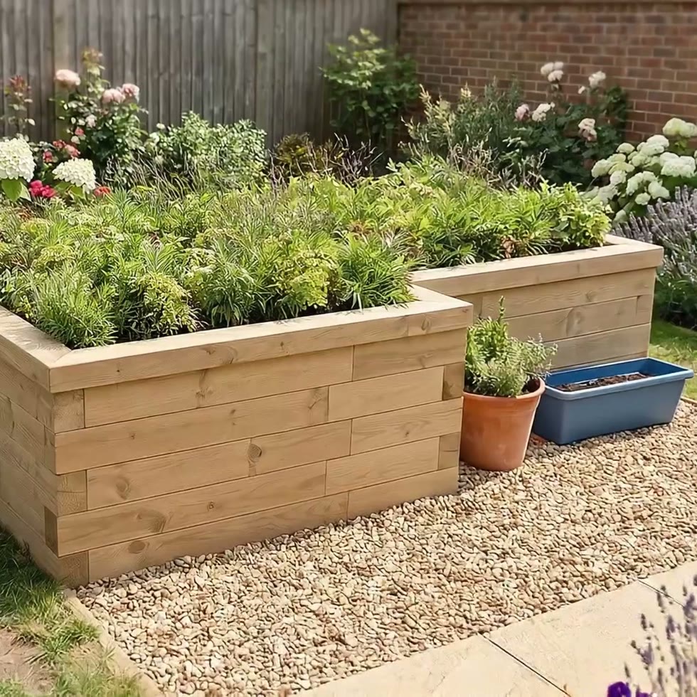 Grande jardinière bois en L / 2,25 m x 1,5 m x 1,2 m x 1,2 m x 0,55 m