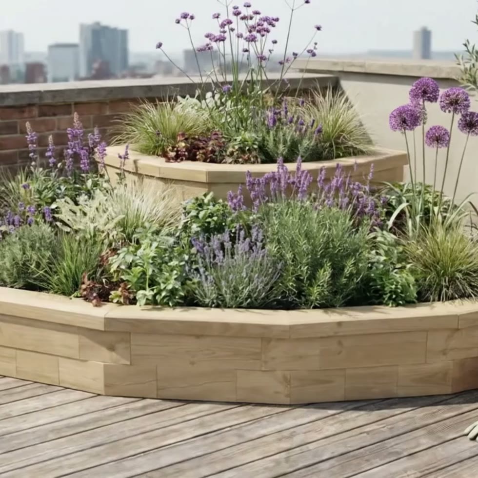 Jardinière bois d’angle arrondie en cascade - Longue / 225 x 225 x 45 cm