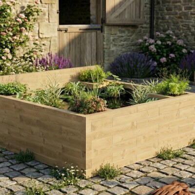 Grand bassin surélevé avec coins jardinières / 1,875 x 1,875 x 0,65 m