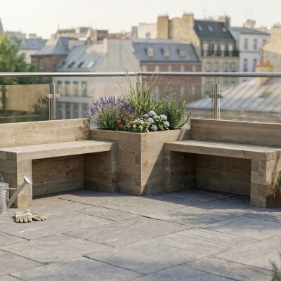 Banc de jardin avec jardinière d'angle centrale / 1,875 x 1,875 x 0,65 m
