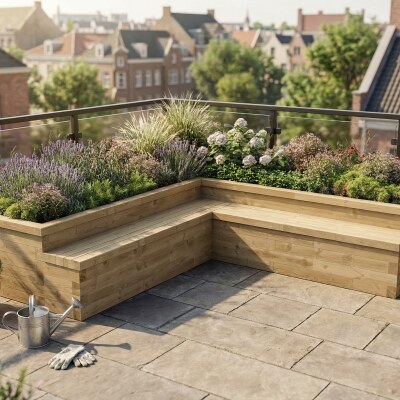 Jardinière bois en L avec banc de jardin / 3,75 x 3,75 x 0,65 m