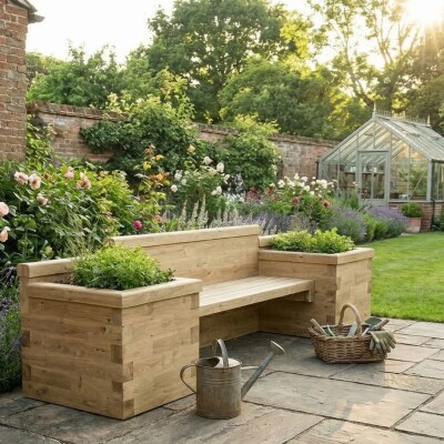 Banc de jardin - Extra long avec jardinières bois / 2,7 x 0,75 x 0,85 m