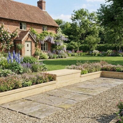 Jardinière bois d'angle étroite avec banc jardin / 6,75 x 1,5 x 0,25 m