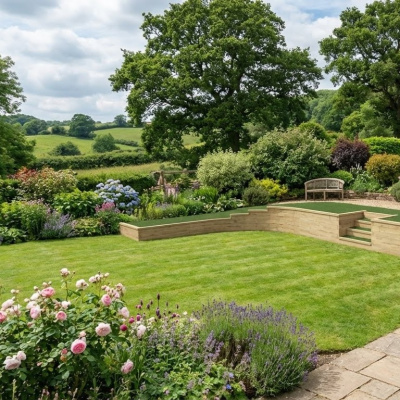 Mur de soutènement d'angle arrondi avec escalier / 9.5m x 2.96 x 0.6m