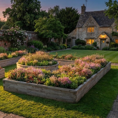 Jardinière bois frontière avec potager surélevé central / 6.675m x 6.4m x 0.45m