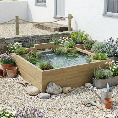 Grand bassin surélevé avec cascade /  2.25 x 2.25 x 0.65m