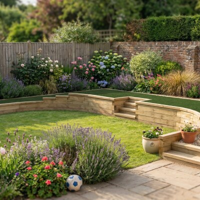 Mur de soutènement d'angle arrondi avec escalier / 9.5m x 2.96 x 0.6m