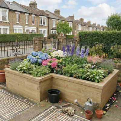 Grande jardinière bois en L / 2,25 m x 1,5 m x 1,2 m x 1,2 m x 0,55 m