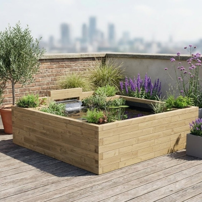 Grand bassin surélevé avec cascade /  2.25 x 2.25 x 0.65m