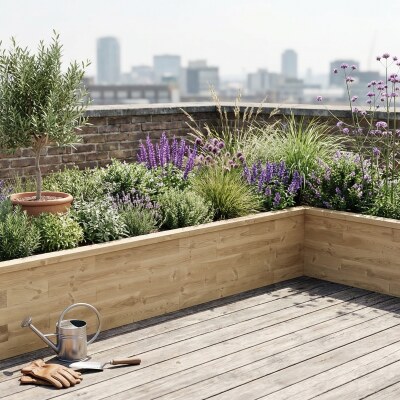 XL Jardinière bois en L / 375 x 225 x 82,5 x 55 cm