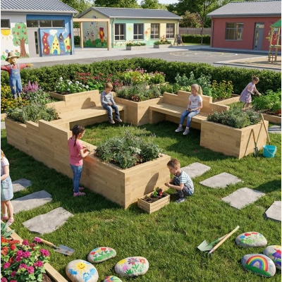 Bancs de jardin avec jardinières en U / 3.75m x 3.75m x 0.55m