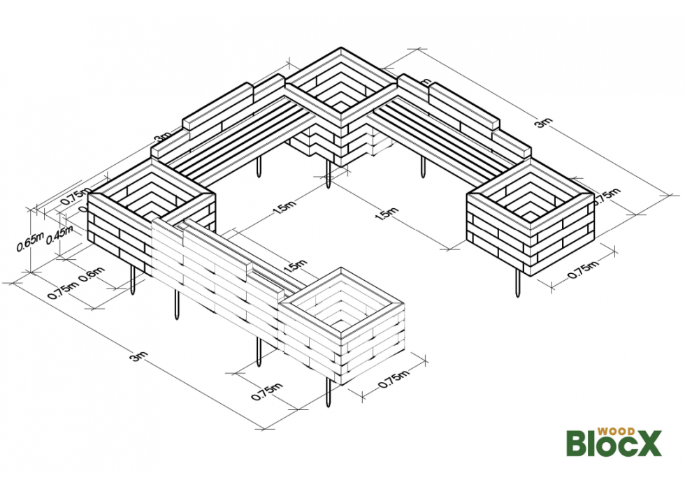 Banc de jardin pour enfants - Jardinières bois en U / 300 x 300 x 65 cm